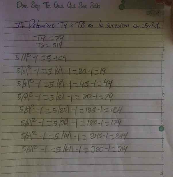 Determine T4 y T8 en las sucesiones an=5n^2-1